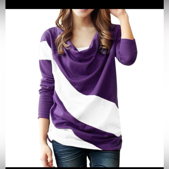 Purple & white stripe drape front batting long sleeve top, size small - Picture 3 of 4